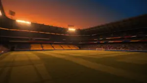 Floodlit football stadium at dusk with packed stands, dramatic shadows, and golden-hour lighting creating cinematic atmosphere.