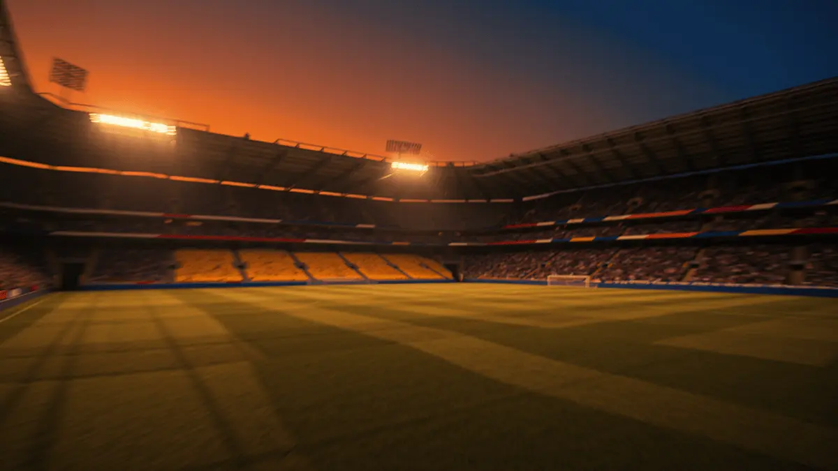 Floodlit football stadium at dusk with packed stands, dramatic shadows, and golden-hour lighting creating cinematic atmosphere.