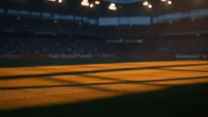 Empty floodlit stadium pitch at golden-hour with dramatic shadows, packed stands, and atmospheric stadium lighting