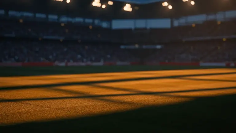 Empty floodlit stadium pitch at golden-hour with dramatic shadows, packed stands, and atmospheric stadium lighting