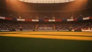 Floodlit stadium pitch at golden-hour with packed stands, blue and red national colour palette, cinematic sports photography.