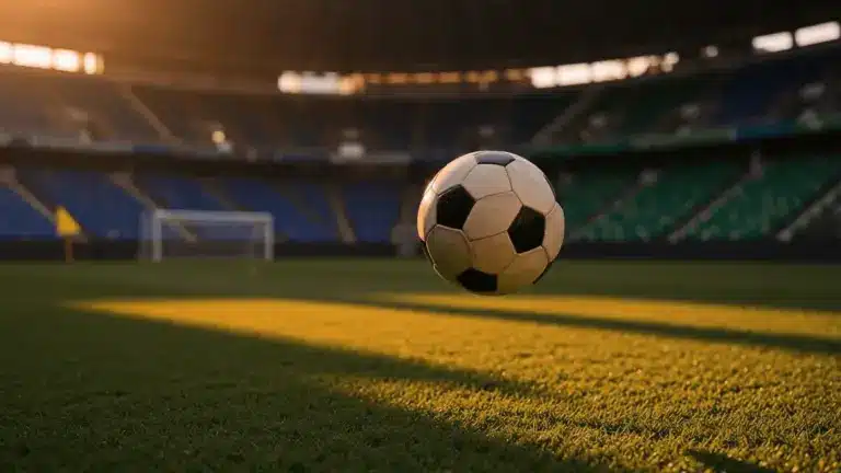 Football mid-flight during corner kick with blue and green stadium stands at golden-hour evening lighting.