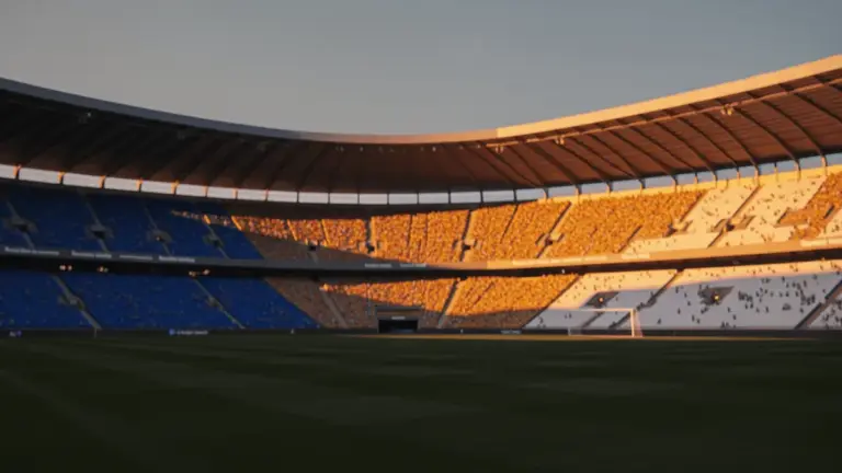 Floodlit stadium at golden hour with contrasting blue and gold atmospheric lighting.