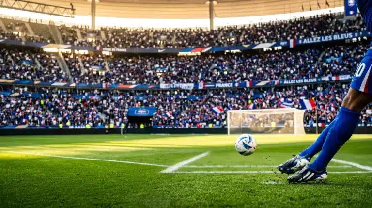 Stadium pitch with French tricolour stand colours, football in motion, dramatic golden-hour lighting and goal net.