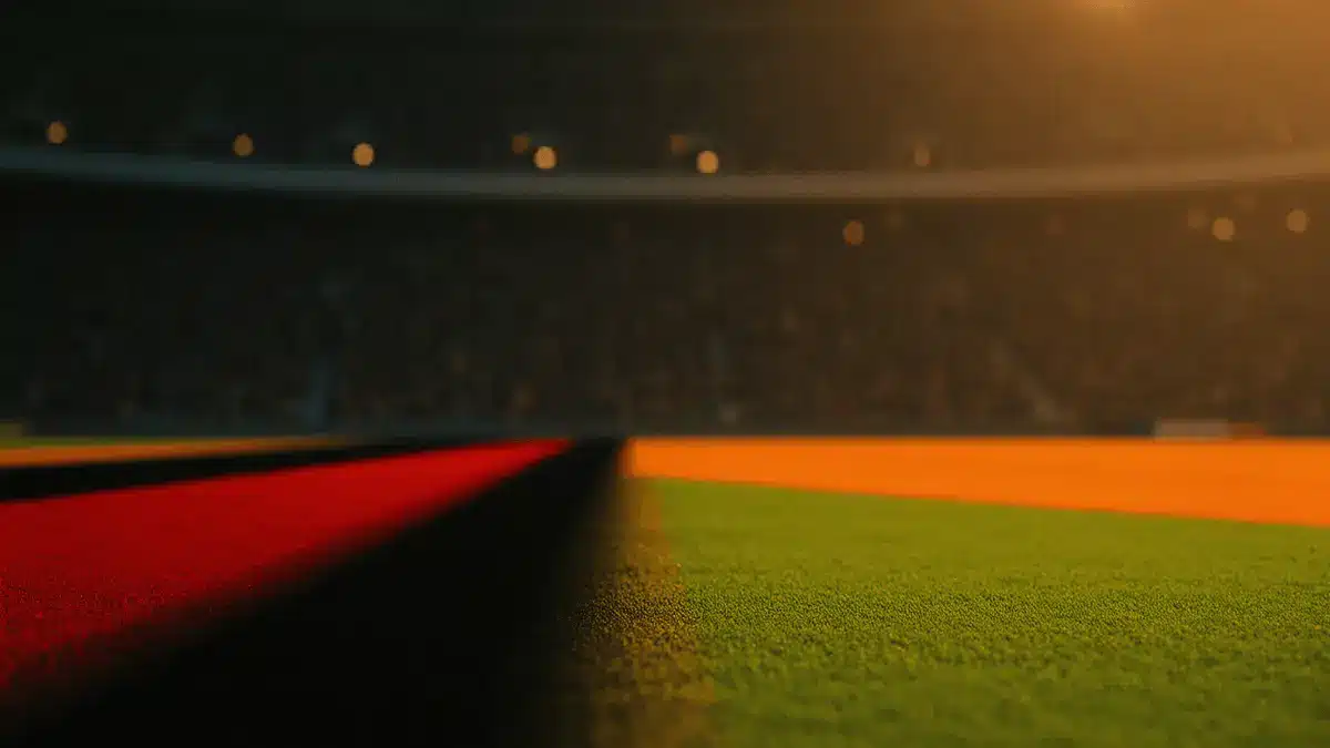 Floodlit stadium pitch at golden-hour kick-off with dramatic shadow patterns and packed stands, shot from low-angle sideline with shallow depth of field.