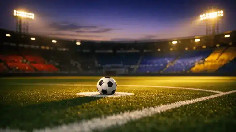 Empty floodlit football pitch at dusk with ball on penalty spot, stadium lighting casting long shadows, anticipatory pre-match mood.