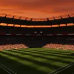 Floodlit stadium with packed stands under golden-hour sky, pitch shadows, no players visible.