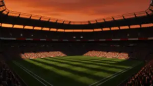 Floodlit stadium with packed stands under golden-hour sky, pitch shadows, no players visible.