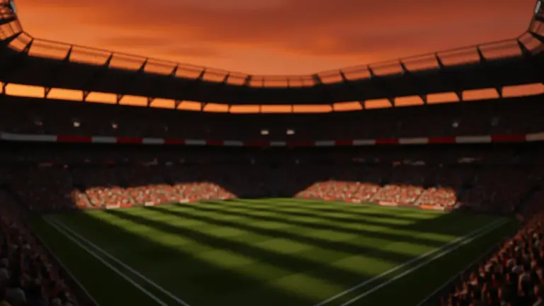 Floodlit stadium with packed stands under golden-hour sky, pitch shadows, no players visible.
