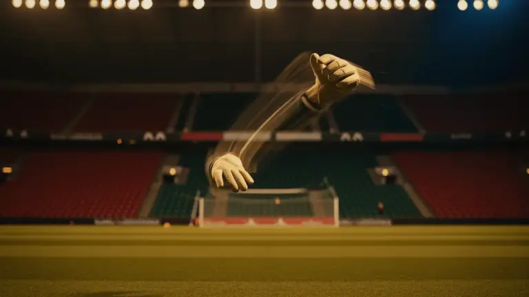 Goalkeeper reaching for a cross under floodlights, stadium stands bathed in red, green and white accent lighting, tactical evening kick-off perspective.