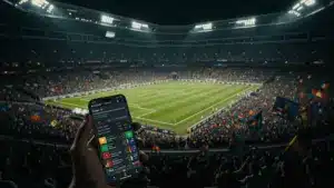 World Cup stadium at night with smartphone showing sports betting odds in Texas