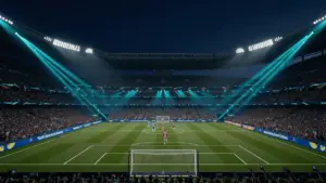 USA vs Paraguay World Cup stadium match at night with dramatic lighting and packed crowd