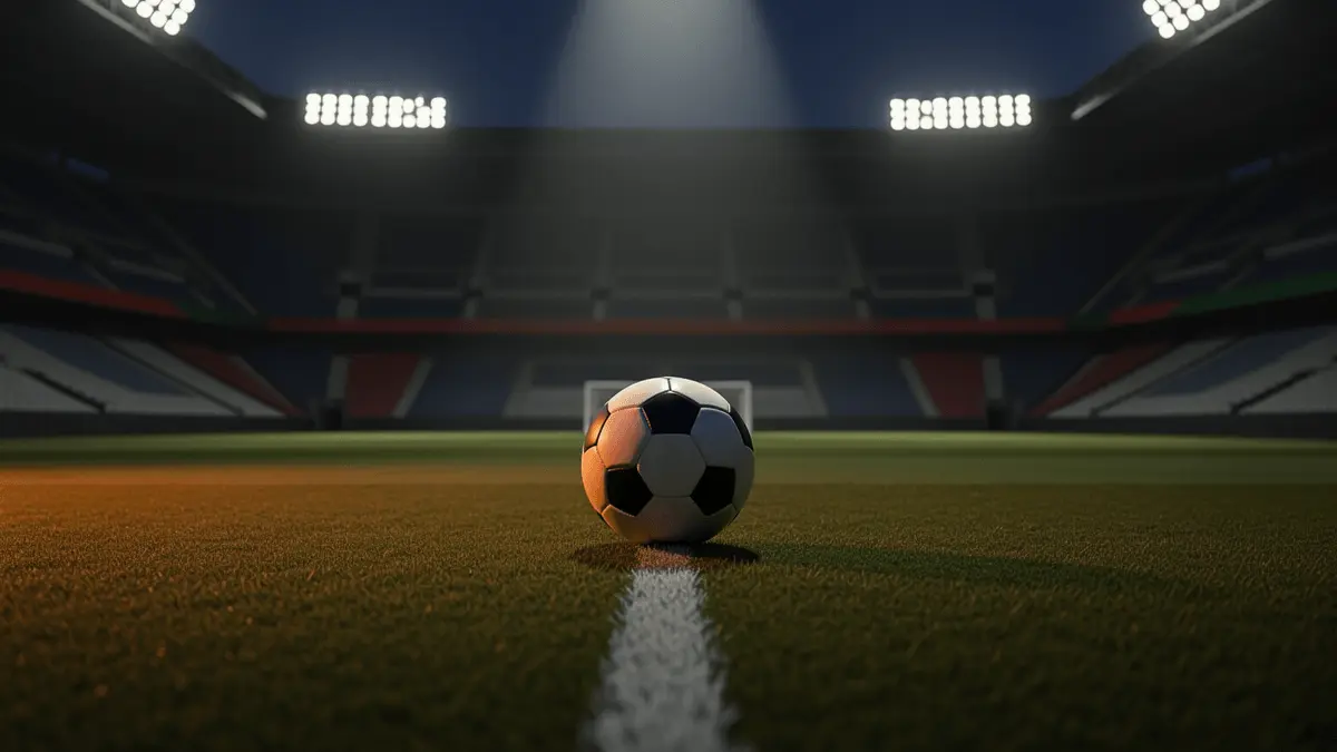Floodlit football pitch at dusk with ball on halfway line, dramatic spotlight and long shadows, cinematic lighting.