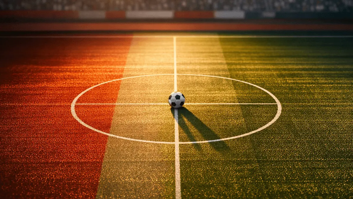 Aerial view of empty floodlit pitch with ball on centre spot, Iranian flag colours (red and white) in atmospheric lighting.