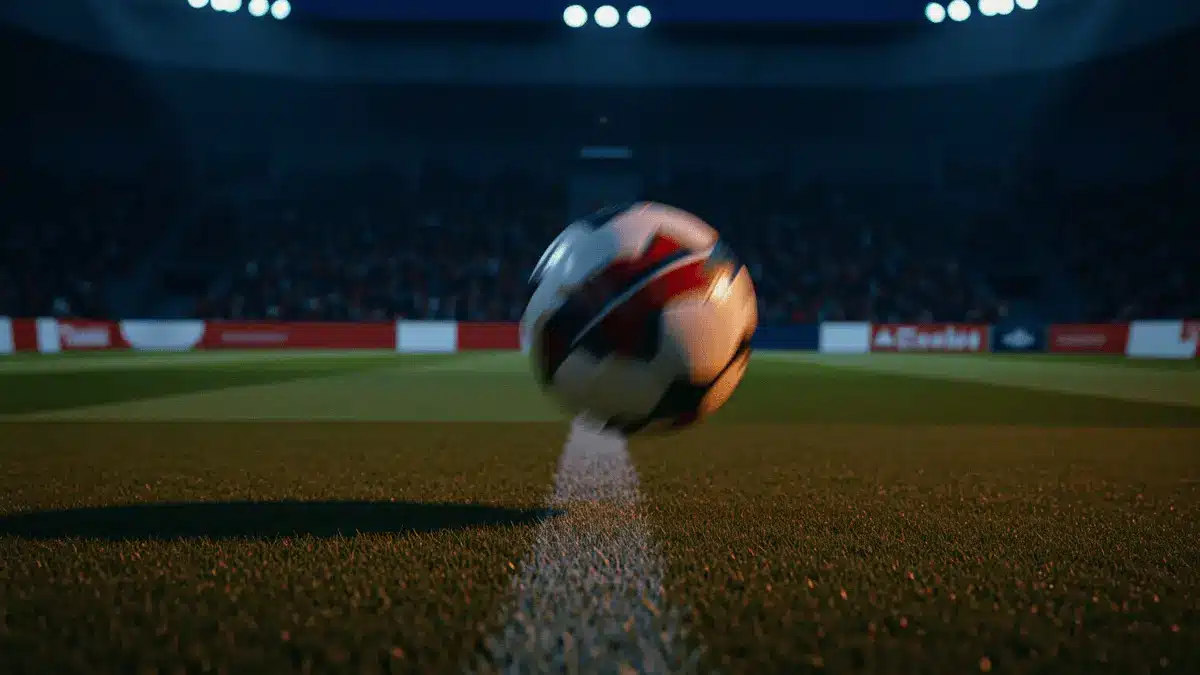 Football boot striking ball on floodlit pitch at evening kick-off, stadium shadows and crowd silhouettes.