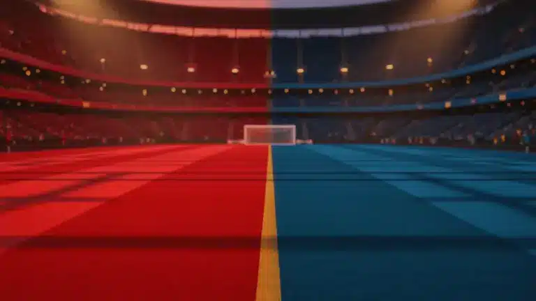 Empty floodlit stadium pitch at dusk divided by Japan red and Sweden blue colours, packed stands silhouetted, dramatic shadows.