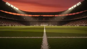Floodlit stadium with emerald pitch, golden-hour lighting, dramatic shadows, packed stands silhouetted against amber sky, low-angle view.