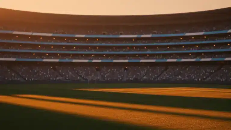 Floodlit stadium packed with spectators at golden-hour dusk, dramatic shadows and cinematic lighting across empty pitch.