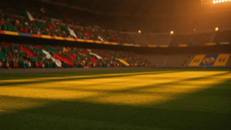 Floodlit stadium pitch at golden hour, empty grass field with dramatic shadows, packed stands in Mexican and Ecuadorian colours.