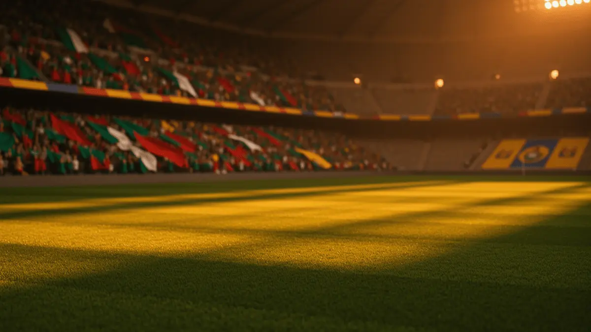 Floodlit stadium pitch at golden hour, empty grass field with dramatic shadows, packed stands in Mexican and Ecuadorian colours.