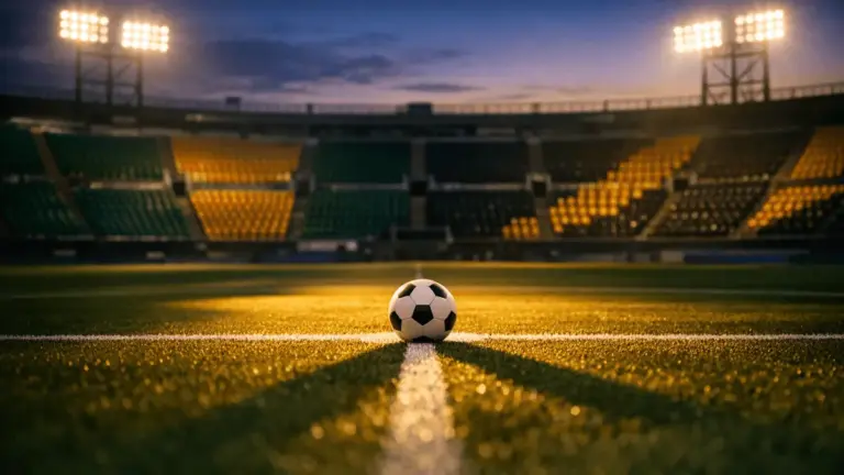 Empty floodlit football pitch with ball on centre spot at dusk, blurred stadium stands in national colours.