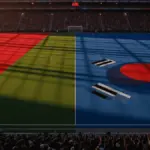 Floodlit stadium pitch divided by Mexico and South Korea national colours, packed stands, golden-hour lighting, no people on field.