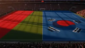 Floodlit stadium pitch divided by Mexico and South Korea national colours, packed stands, golden-hour lighting, no people on field.