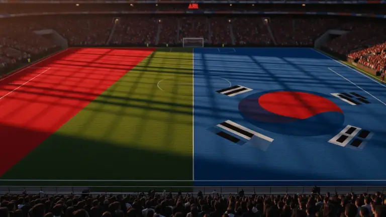 Floodlit stadium pitch divided by Mexico and South Korea national colours, packed stands, golden-hour lighting, no people on field.