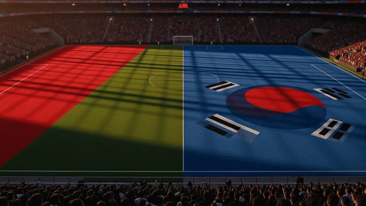 Floodlit stadium pitch divided by Mexico and South Korea national colours, packed stands, golden-hour lighting, no people on field.