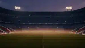 Empty floodlit stadium pitch at dusk with packed stands in shadow, cinematic golden-hour lighting.