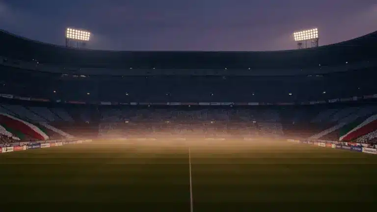 Empty floodlit stadium pitch at dusk with packed stands in shadow, cinematic golden-hour lighting.
