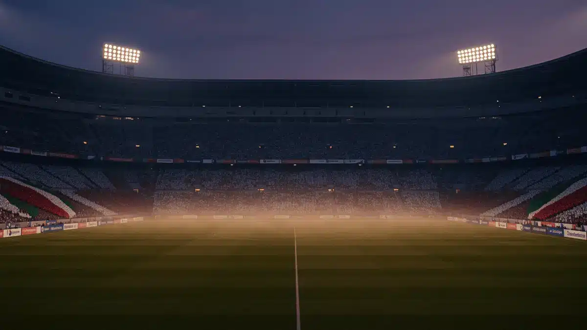 Empty floodlit stadium pitch at dusk with packed stands in shadow, cinematic golden-hour lighting.