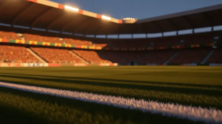 Floodlit World Cup stadium pitch at golden hour with dramatic shadows, red and green colour palette, no players visible.