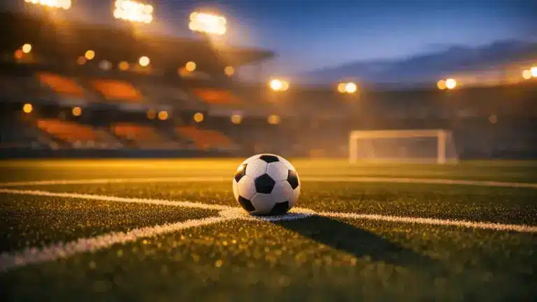 Floodlit football pitch at dusk, ball on centre spot, dramatic shadows, empty stands, stadium lights golden-hour mood.
