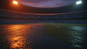 Floodlit stadium pitch at golden hour with orange and blue colour palette, dramatic shadows, empty pitch