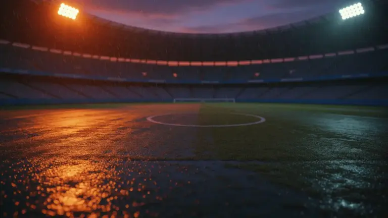 Floodlit stadium pitch at golden hour with orange and blue colour palette, dramatic shadows, empty pitch