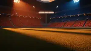 Empty World Cup stadium pitch at dusk with floodlights, packed stands, dramatic shadows, Netherlands and Sweden colour palette lighting.