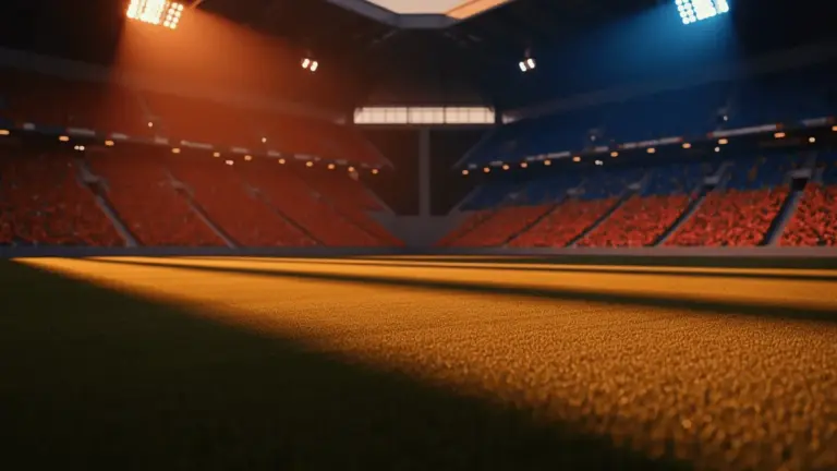 Empty World Cup stadium pitch at dusk with floodlights, packed stands, dramatic shadows, Netherlands and Sweden colour palette lighting.