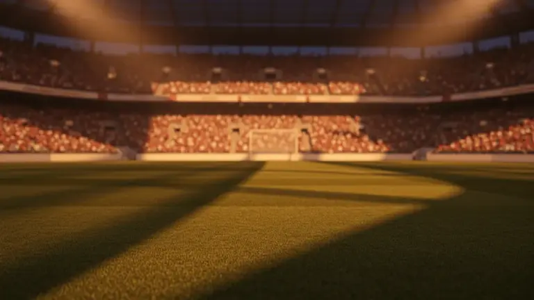 Floodlit stadium at dusk with packed stands, dramatic shadows, and golden-hour lighting during a major tournament venue setup.