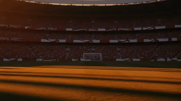 Floodlit World Cup stadium at golden-hour kick-off with packed stands and dramatic shadow patterns on the pitch
