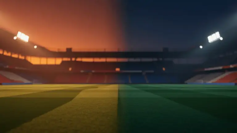 Empty floodlit football stadium at dusk with dramatic shadows, golden-hour lighting, and red-white-blue atmospheric tones.