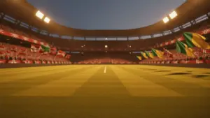 Floodlit stadium pitch at dusk with crowd holding Norwegian red-white and Senegalese green-gold flags, empty field with dramatic shadow patterns.