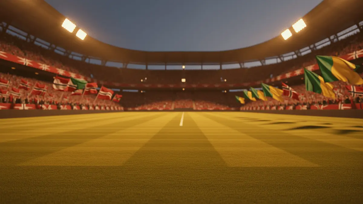 Floodlit stadium pitch at dusk with crowd holding Norwegian red-white and Senegalese green-gold flags, empty field with dramatic shadow patterns.