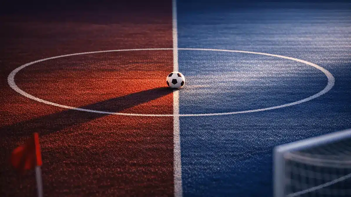 Floodlit football pitch at dusk with ball on centre spot, bathed in Norway flag-colour lighting.