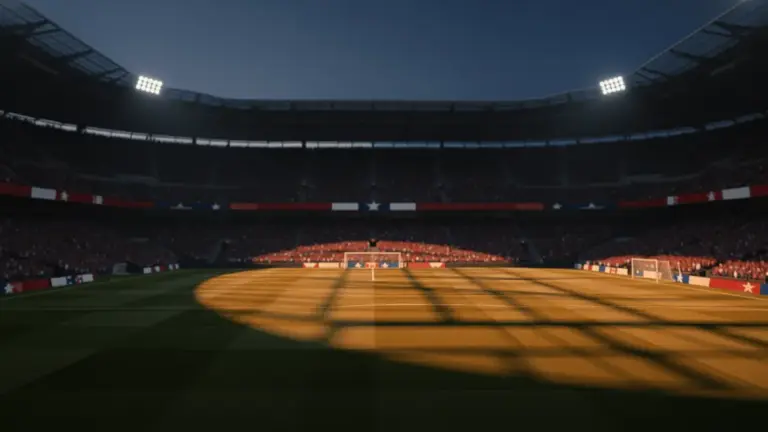 Floodlit stadium pitch at sunset with packed stands in shadow, golden-hour World Cup group stage atmosphere