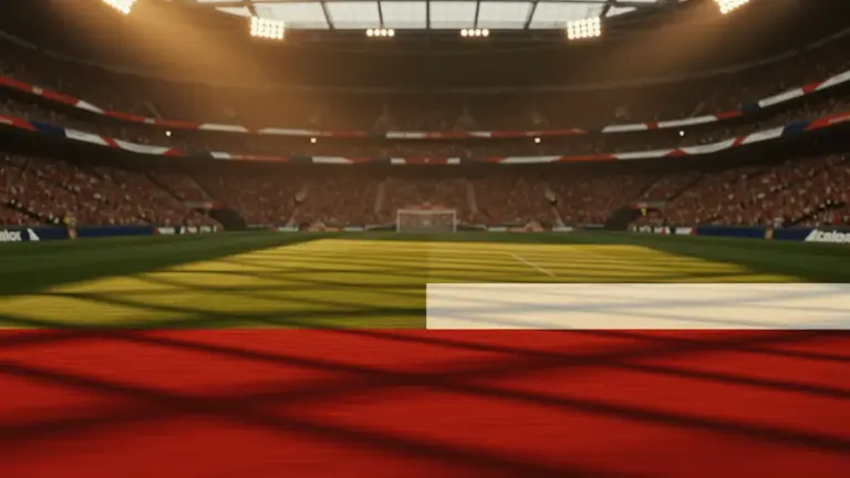 Floodlit stadium at dusk with Panama and England flag colours, dramatic shadows, packed stands, no players visible.