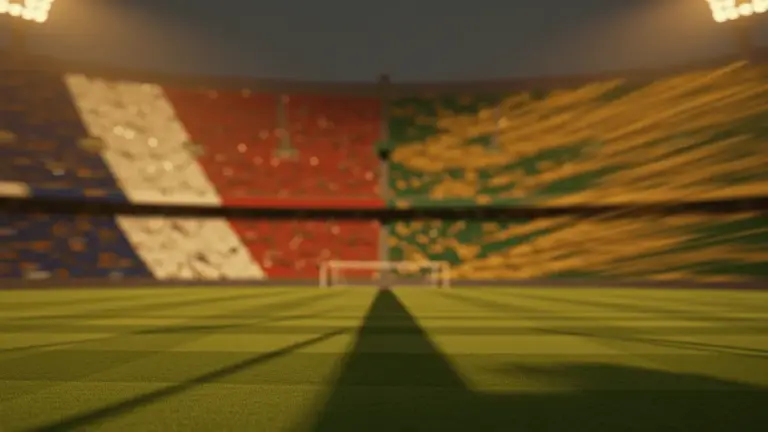 Floodlit football stadium at dusk with dramatic shadows and glowing packed stands; Paraguay and Australia national colours subtly reflected in atmospheric lighting.
