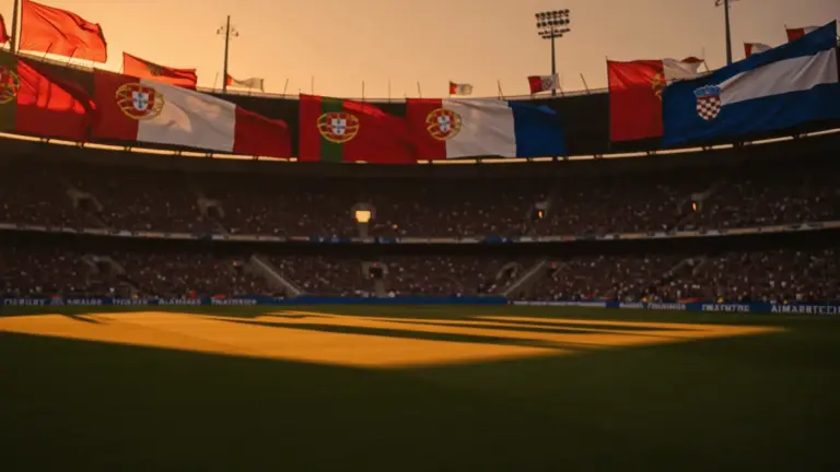 Floodlit stadium pitch at sunset with Portuguese red and Croatian blue flags rippling across packed stands, dramatic shadows cast by stadium lights.