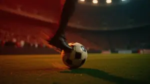 Close-up of football boot striking ball at evening stadium match, red and green colour palette, floodlit pitch with motion blur.