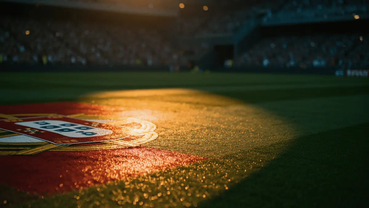Floodlit stadium pitch with golden-hour lighting, dramatic shadows, and rain-slicked grass reflecting national colours.